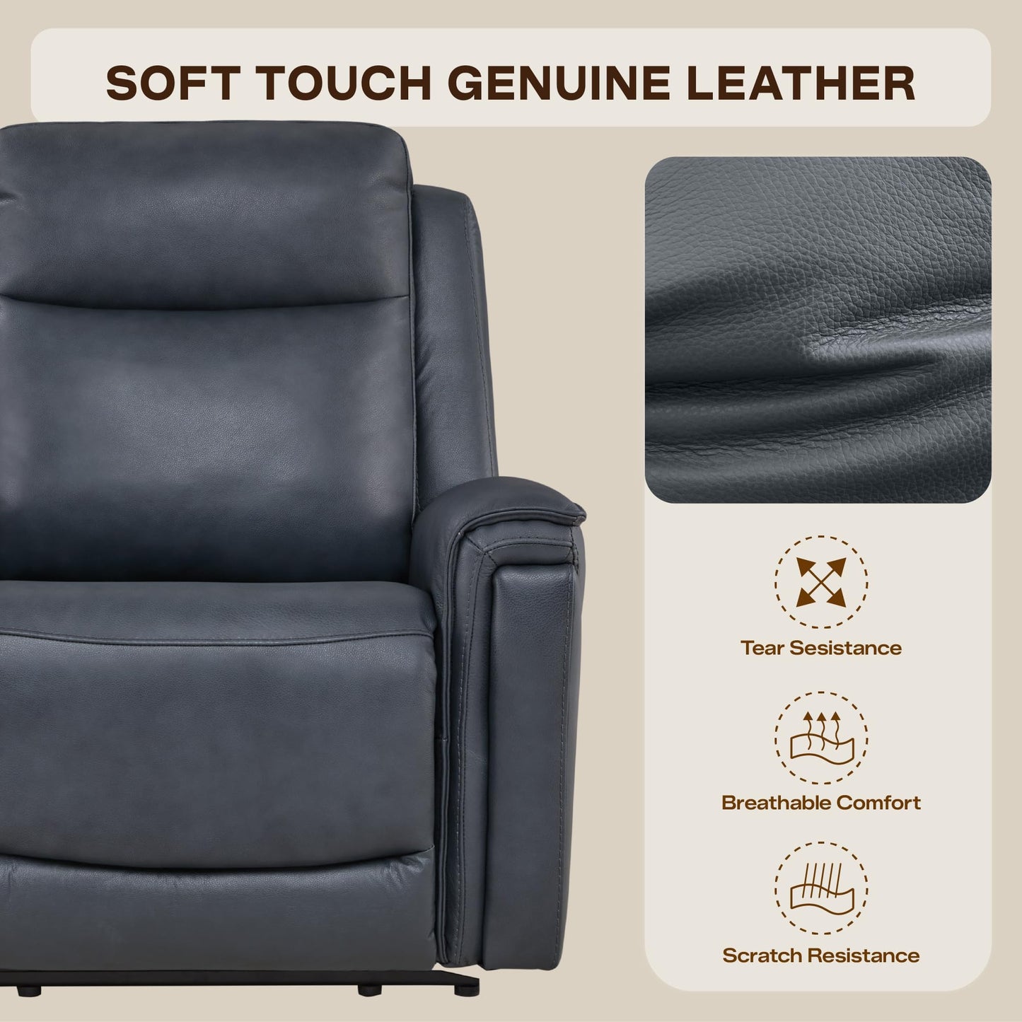 Watson & Whitely Super Zero Gravity Power Recliner Chair with Power Headrest, Genuine Leather Recliner with USB & Type-C Ports, Electric Reclining Sofa Chair for Living Room, Bedroom, Navy Blue