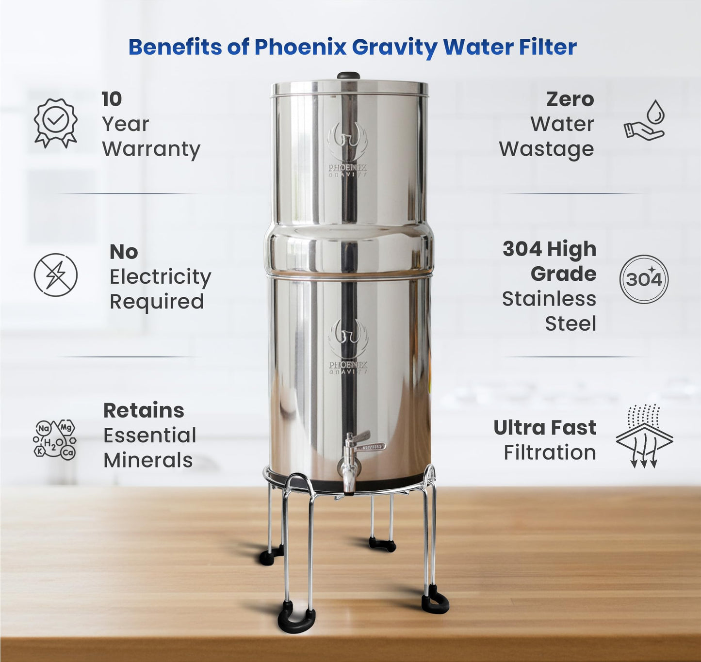 2.25 G AISI 304 Stainless Steel Premium Gravity Water Filter System | NSF Certified 2 Smart Carbon Filter Elements | Free Stainless Steel Stand & Spigot | No Plumbing/Electricity Required | Portable