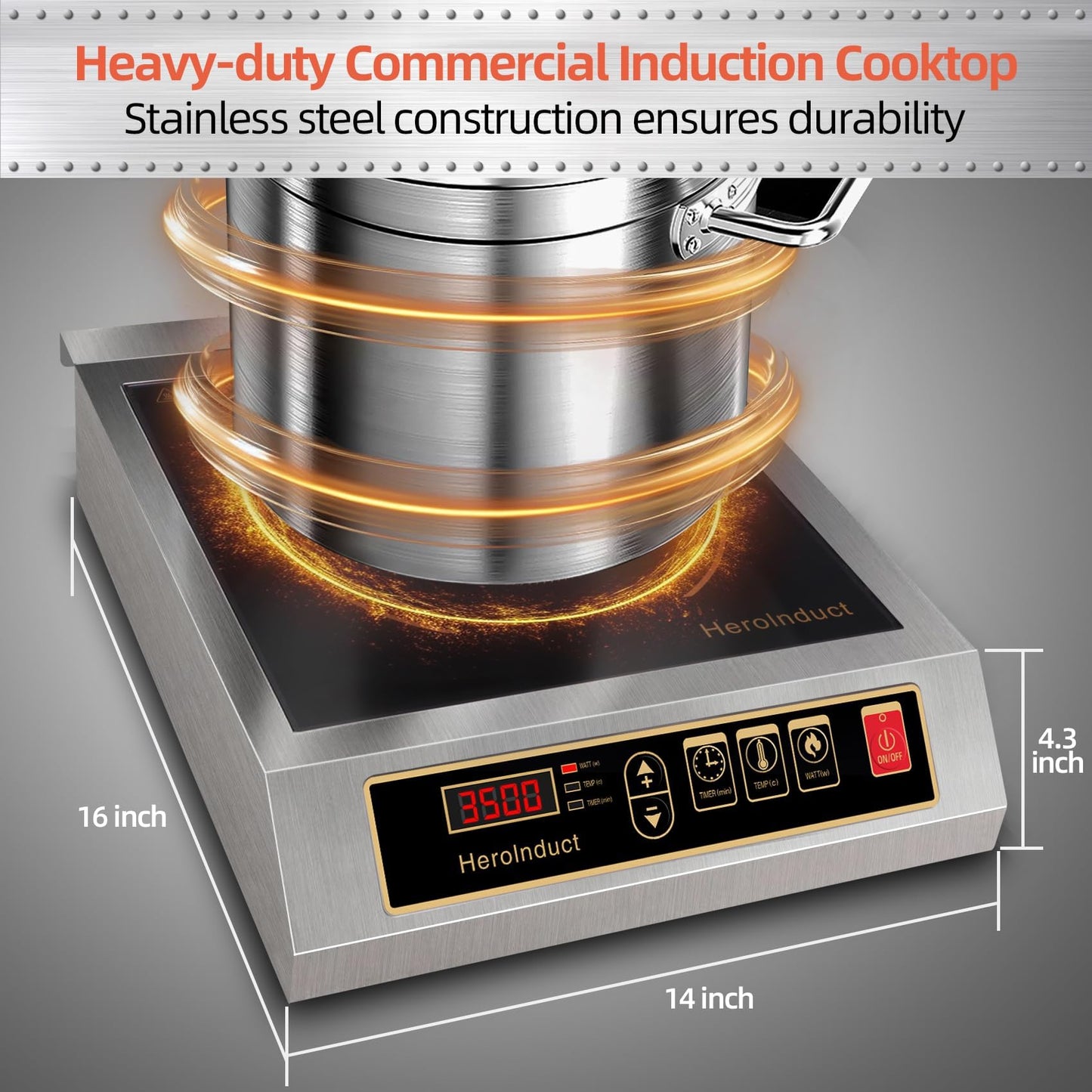 HeroInduct Portable Induction Cooktop 208-240V 3500W Commercial Range Countertop Burner Dual IGBT Modules 8 Heating Level Timer Sensor Push-Button Premium Stainless Steel Housing Ceramic Glass（Black）