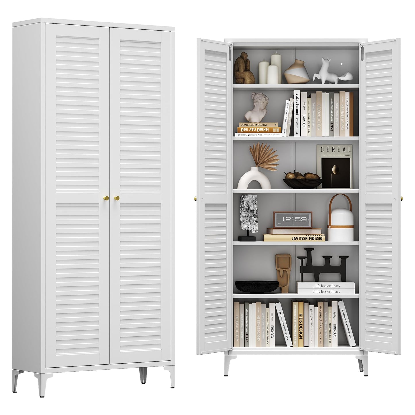 GangMei Metal Kitchen Pantry Cabinet with 2 Doors,Metal Pantry Cabinet with 5 Adjustable Shelves for Kitchen,Home,74.2" H × 31.5" W × 15.75" D,Required Assembly, White