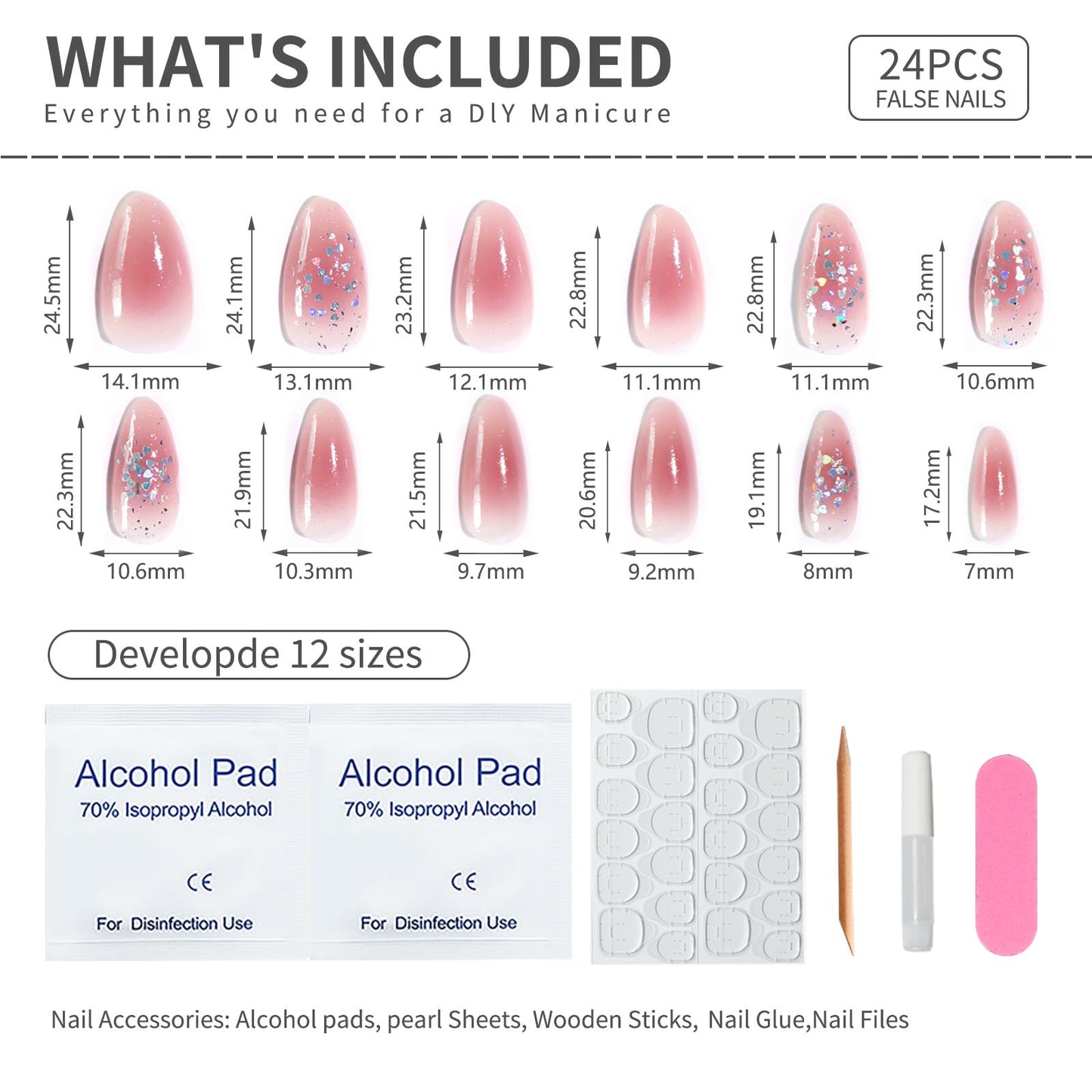 Cute Pink Glitter Press On Nails Almond Shape – Medium Length Nude Gradient Acrylic Fake Nails with Iridescent Hearts & Confetti, 24Pcs Glossy Stick On Nails Kit with Glue for Girls & Women Party