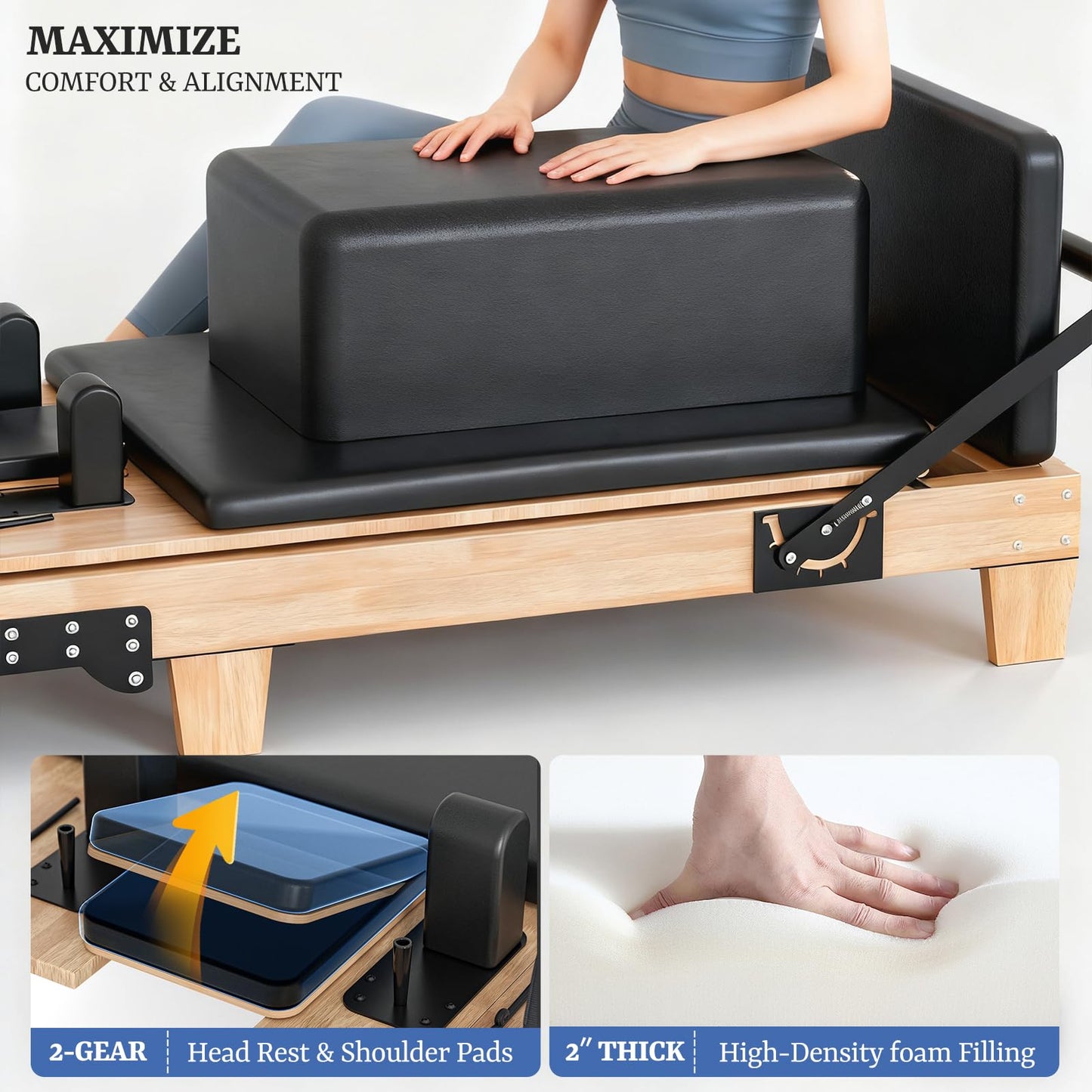 92" Foldable Solid Wood Pilates Reformer for Home with 6 Springs, Jump Board and Box, Professional Home Gym Machine for Core Strength, Stability and Full-Body Toning Includes 2 Grip Socks