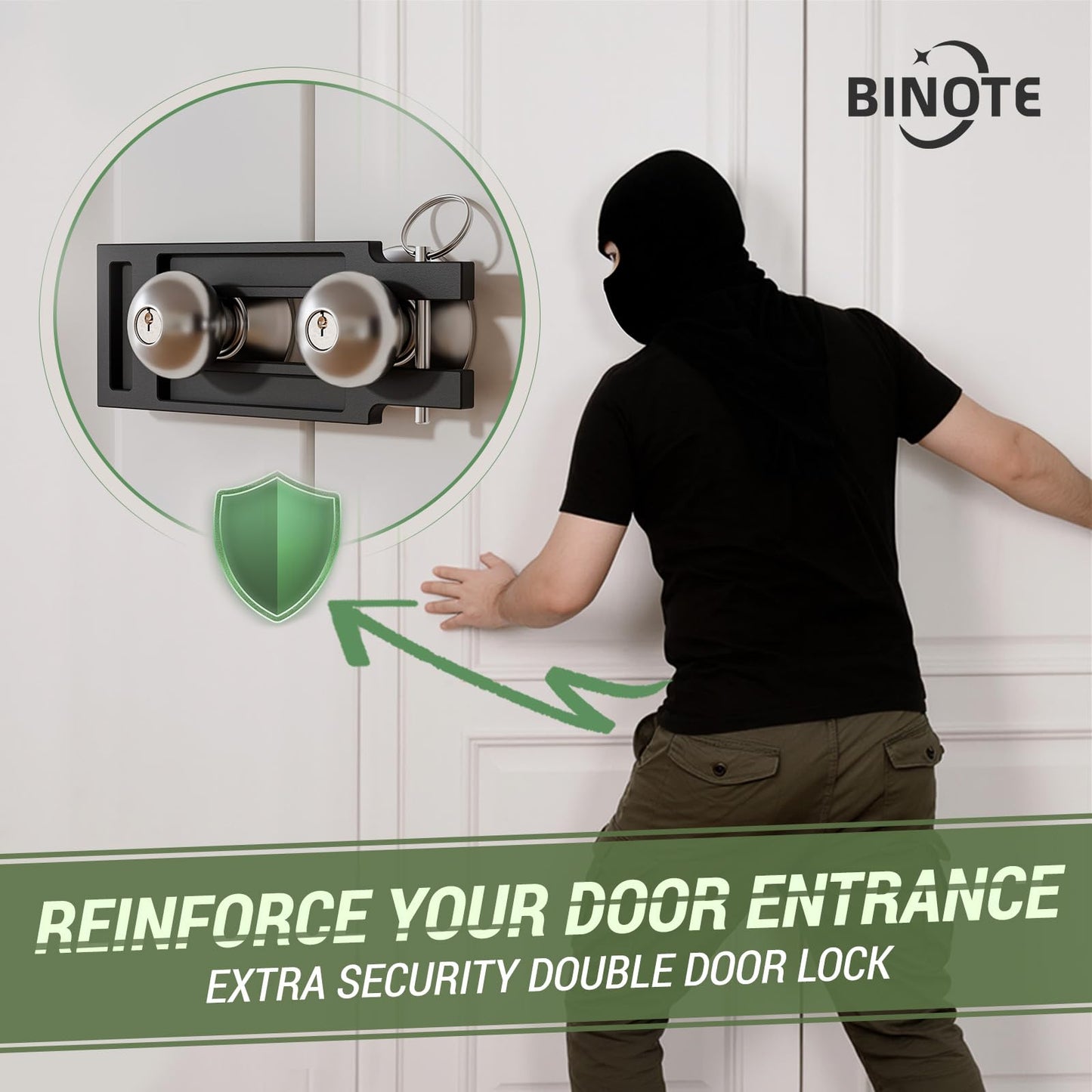 BINOTE French Door Lock for Double Doors, Adjustable Double Door Lock for Home Security Prevent Kick Ins, 3 Pin Slots for Various Knob Width