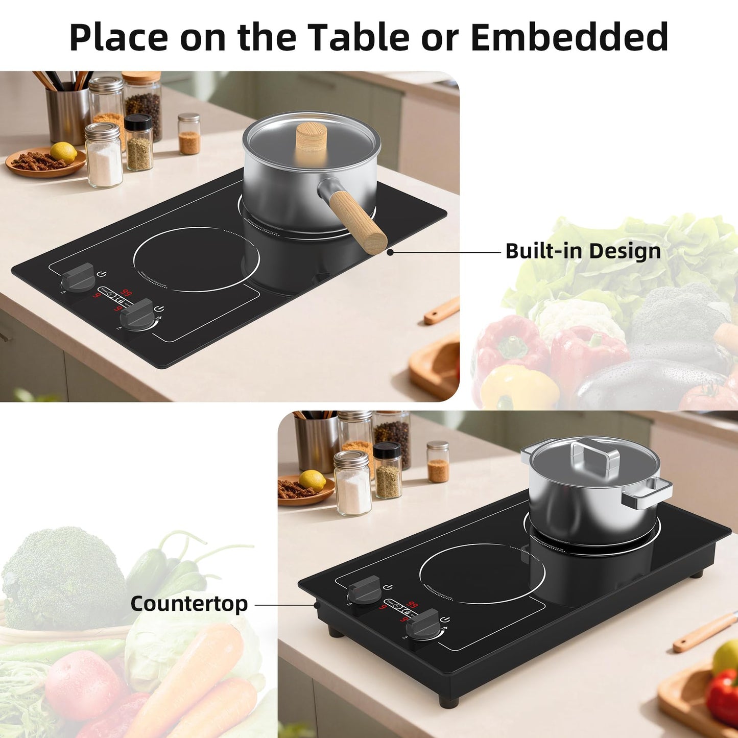 VBGK Induction Cooktop,110V 2300W 2 burner hot plate with Knob Control,9 Power Levels, Kids Lock & Timer,LED touch control,Overheat Protection Electric stove,2 burner induction cooktop
