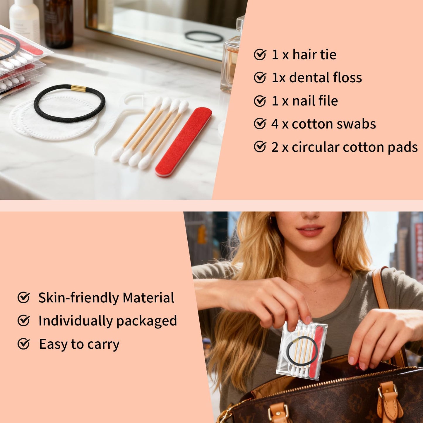 Bulk Hotel Vanity Kit Individually Wrapped Vanity Kit Travel,Hotel Hospitality Supplies,Hygiene Products Include Disposable Cotton Pads,Cotton Swabs,Hair Tie,Nail File,Dental Floss（100）