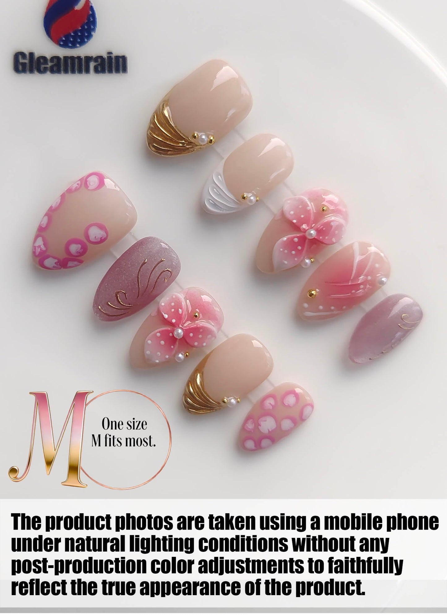 Gleamrain Handmade Press on Nails Short Almond for Women,Handcrafted Floral Design Reusable Full Cover Fake Nails for Daily Wear Party Birthday P204