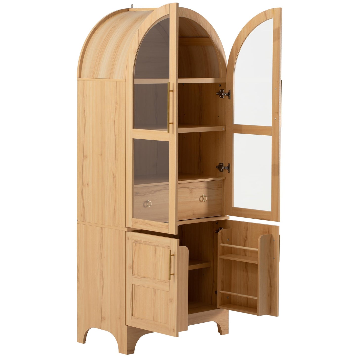 Erteliza 71" Farmhouse Arched Storage Cabinet with Glass Doors & Hidden Drawer, Tall Arched Cabinet with Adjustable Shelves, Kitchen Pantry Cupboard for Dining Room, Natural