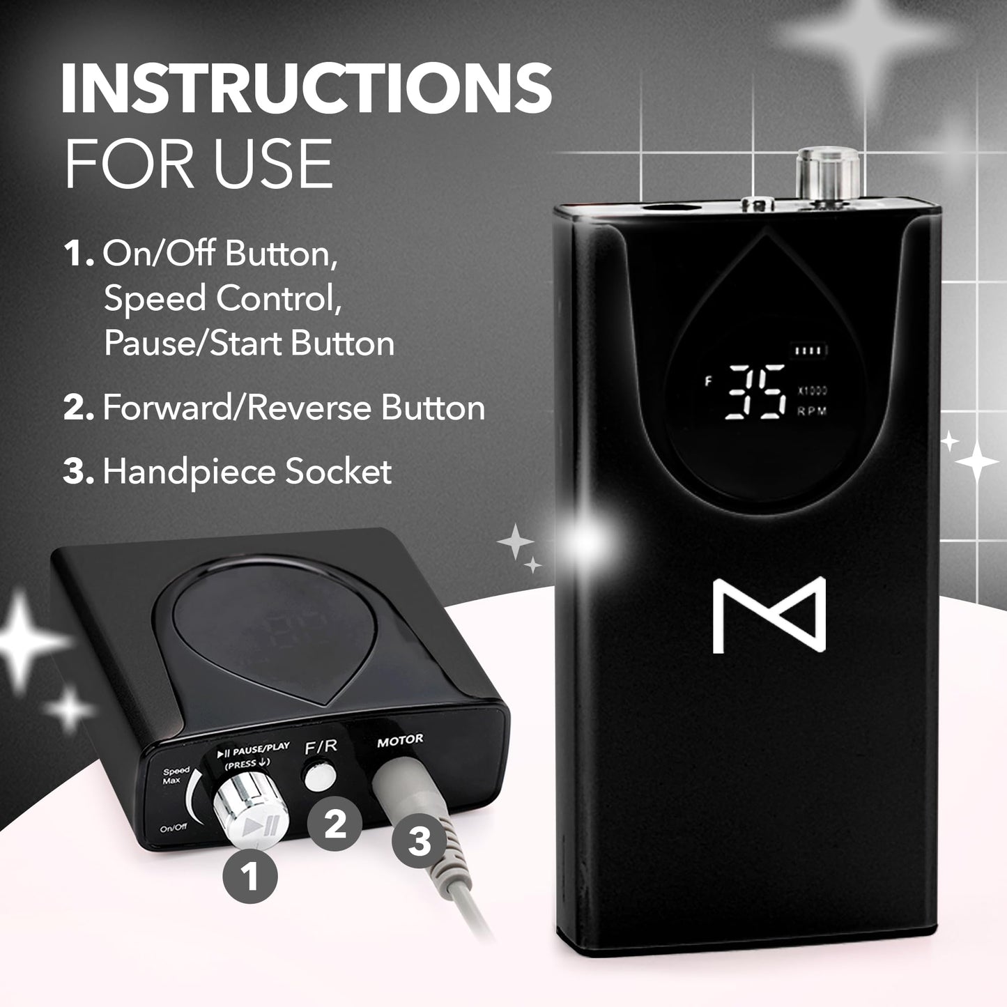 M Max - Professional Nail Drill Machine - 2-in-1 Brushless Motor Nail File - Electric, Cordless, Aluminium Alloy Casing, 35000 RPM, HD Display - Perfect for Salon & Home Use (Black)