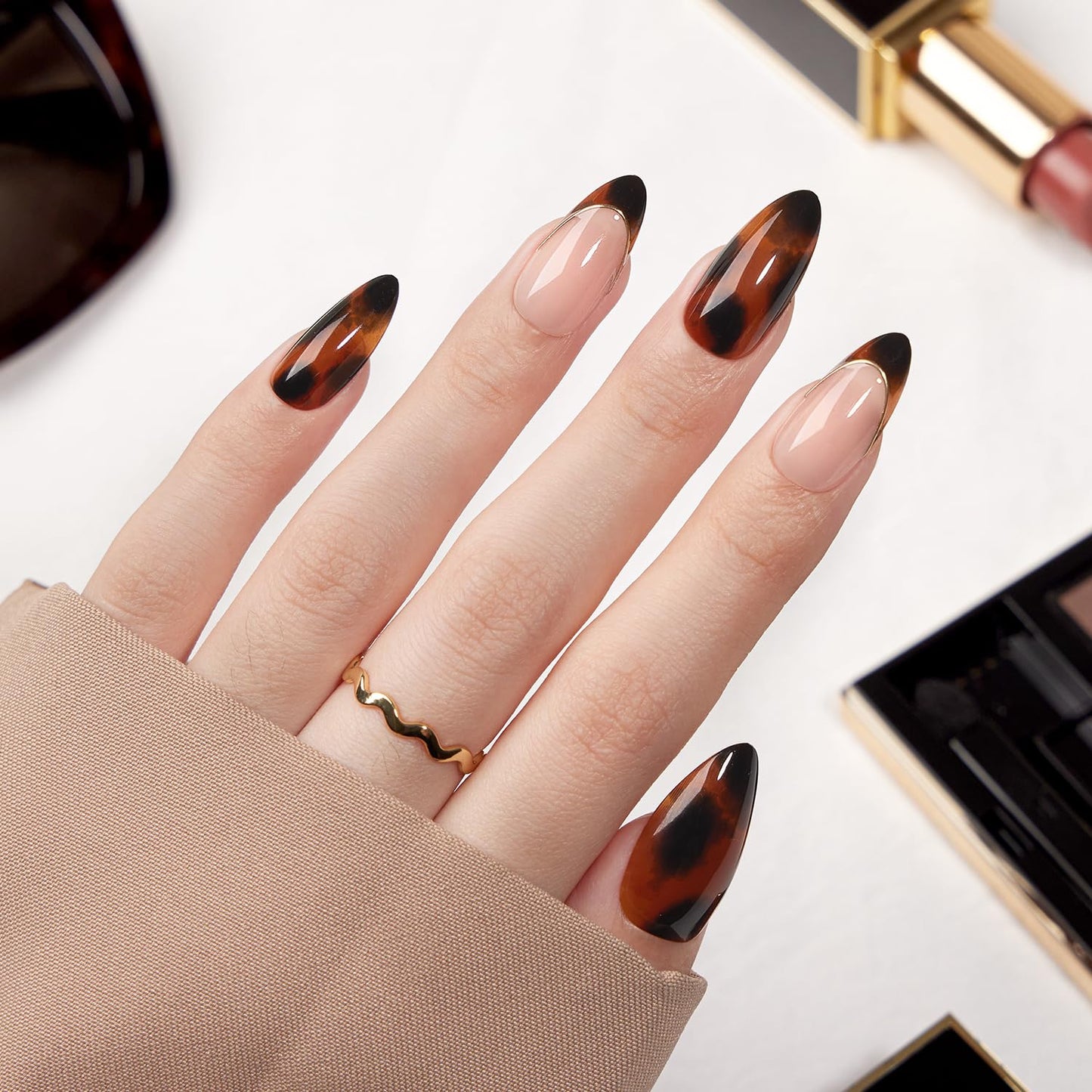 VSALON Press on Nails Medium Almond - Tortoise Shell French Tip Glue On Nails Kit for Women, Opaque Salon Quality Fake Nails - 32 PCS Stick on Nails in 16 Sizes with Glue & Cuticle Oil