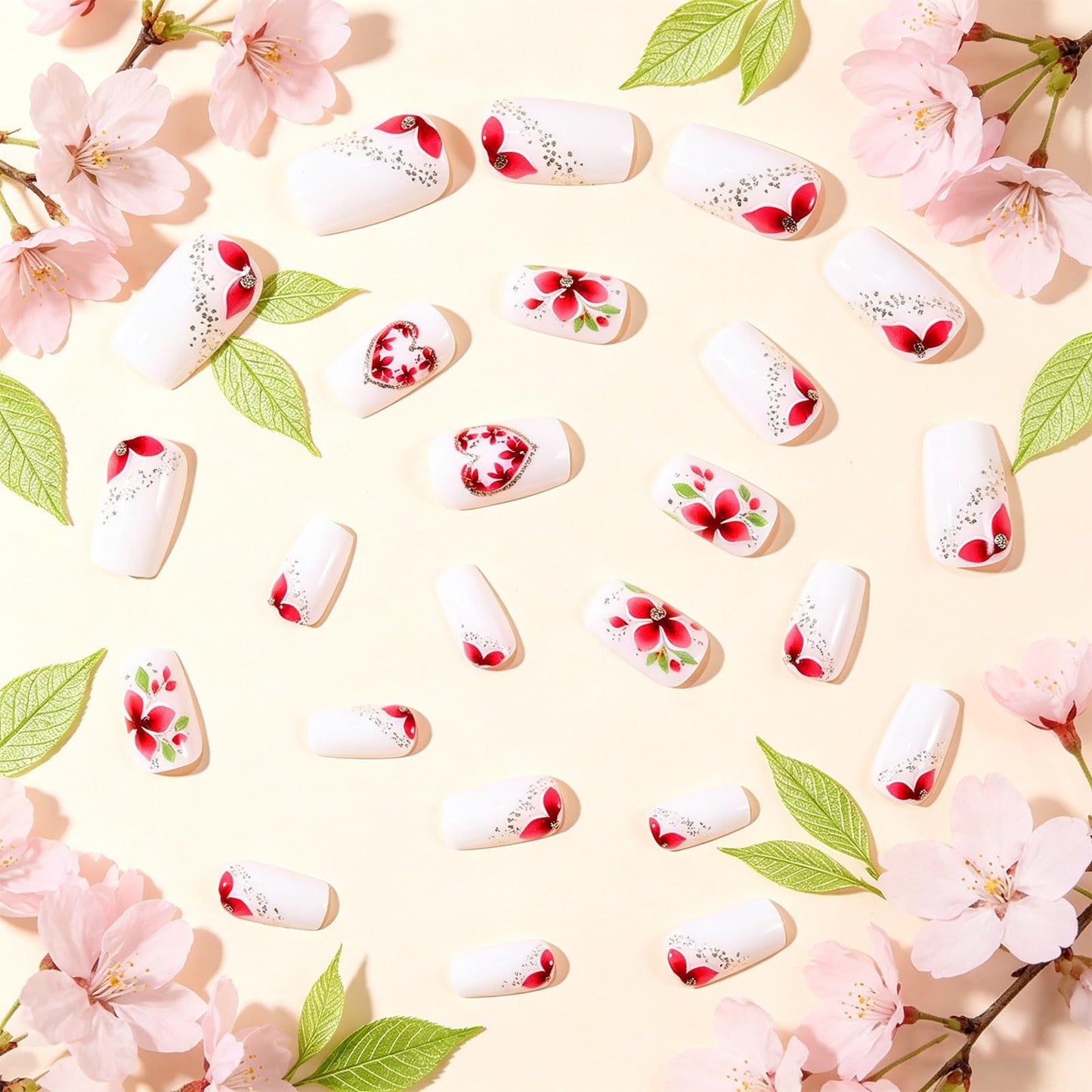 Red Flower Press on Nails, Gold Glitter Medium Square Fake Nails with Love Design, Reusable Green Leaf Glue On Artificial Nail Floral False Nail for Women Valentine Bridal Wear