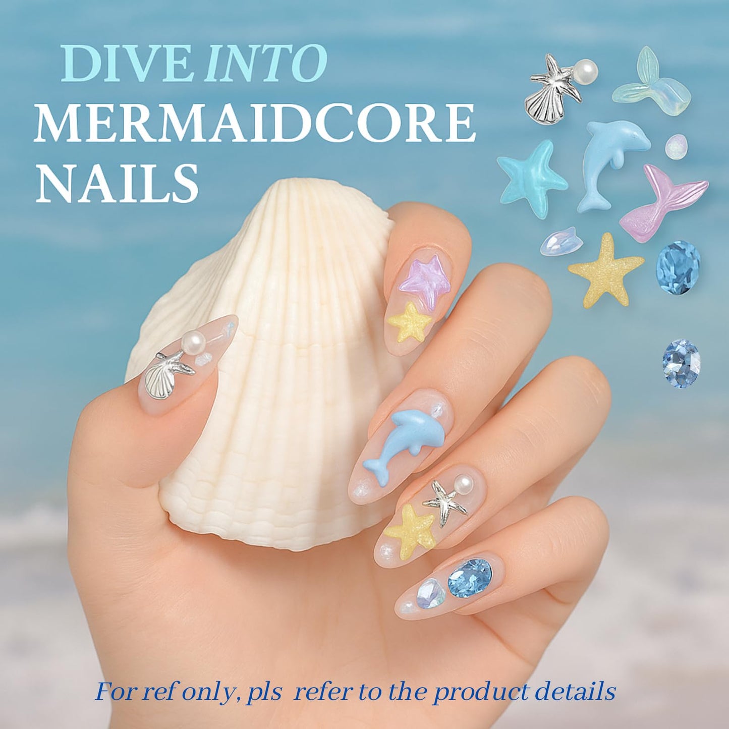 Ocean Nail Charms Gem Kit for Nail Techs – Mermaid Style 3D Nail Art Decorations with Starfish, Shells, Pearls – Professional Nail Supplies for Acrylic & Gel Designs