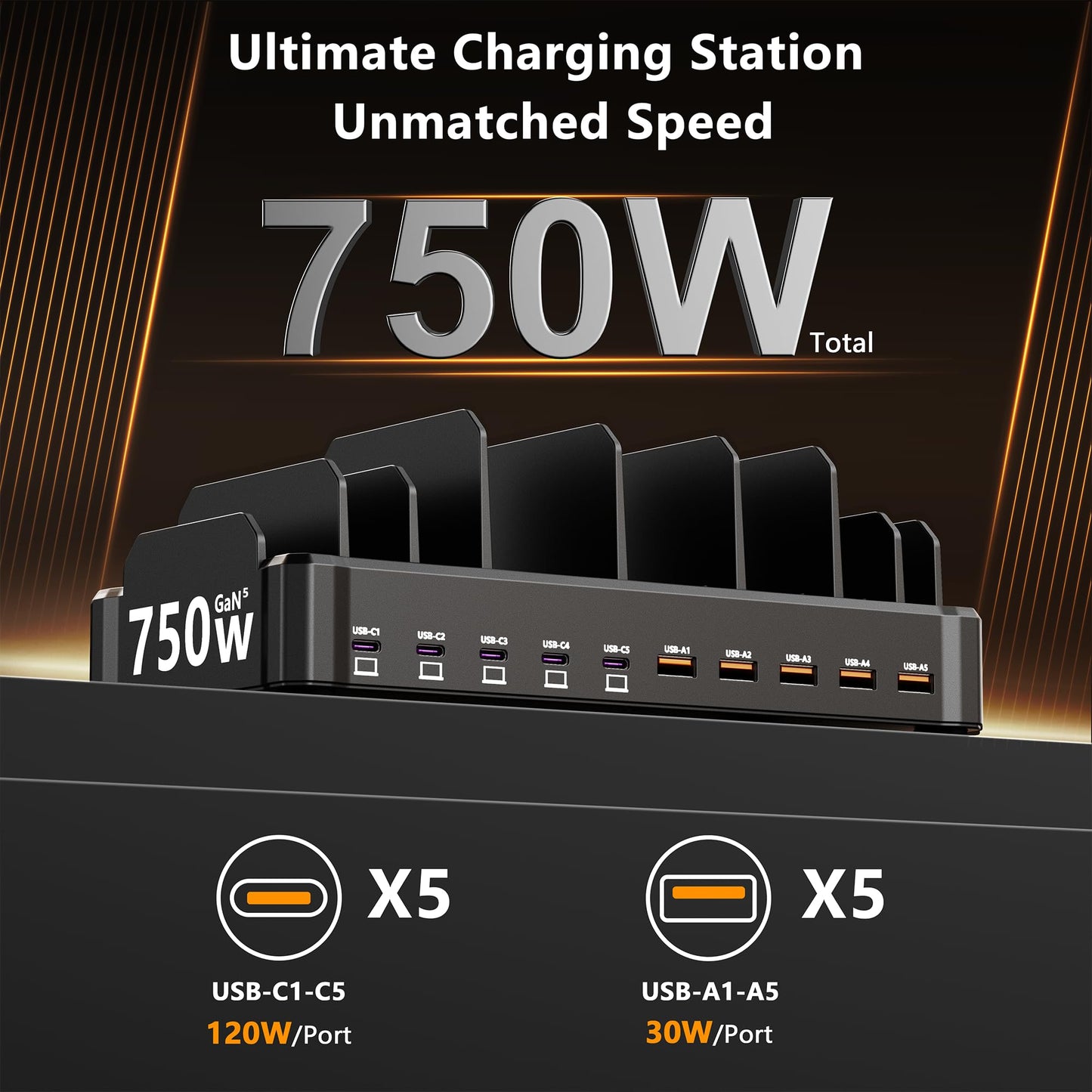 750W Charging Station for Multiple Devices, Zobirez 10-Port Fast Charger, 5 USB-C 120W Each and 5 USB-A 30W Each, Desktop Charging Hub for Laptop Phone Tablet, Black