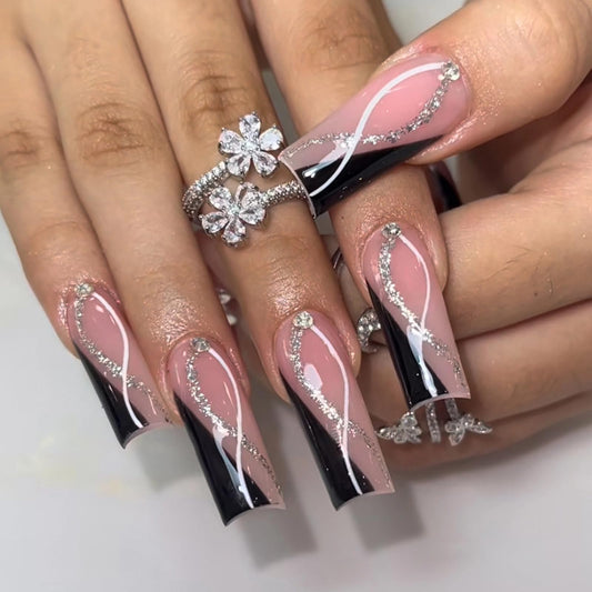 MISUD Press on Nails - Long Square Fake Nails with Black French Tip, Acrylic Bling Glitter Rhinestone Design 24 pcs