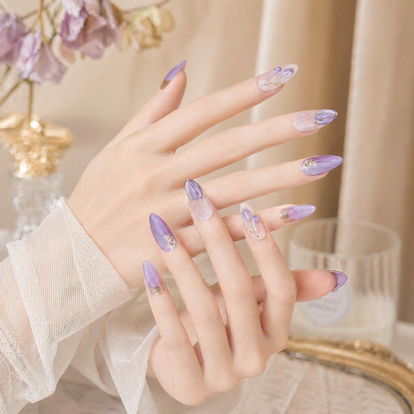 LTXHZYYL Handmade Pres on Nais Amond Purple Nails Press ons 3D Design Reusable ABS Full Cover False Nails Kit-Luxury Medium French Tip Glossy Acryic Fake Nails for Women