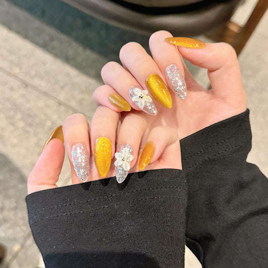 Yacey 3D Floral Handmade Press on Nails, Medium Almond Reusable False Nails Press Ons, Yellow Cat Eyes Thick Acrylic Fake Nails, Luxury Bling Glossy Glue on Nails for Women Girls (10 Pcs, M)