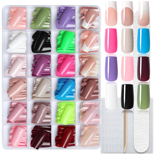 AddFavor Long Press on Nails Square, 576PCS Square Press on Nails Long Fake Nails Full Cover Glossy Nails Press on Acrylic False Nail Tips for Women, 24 Colors with Adhesive Tabs