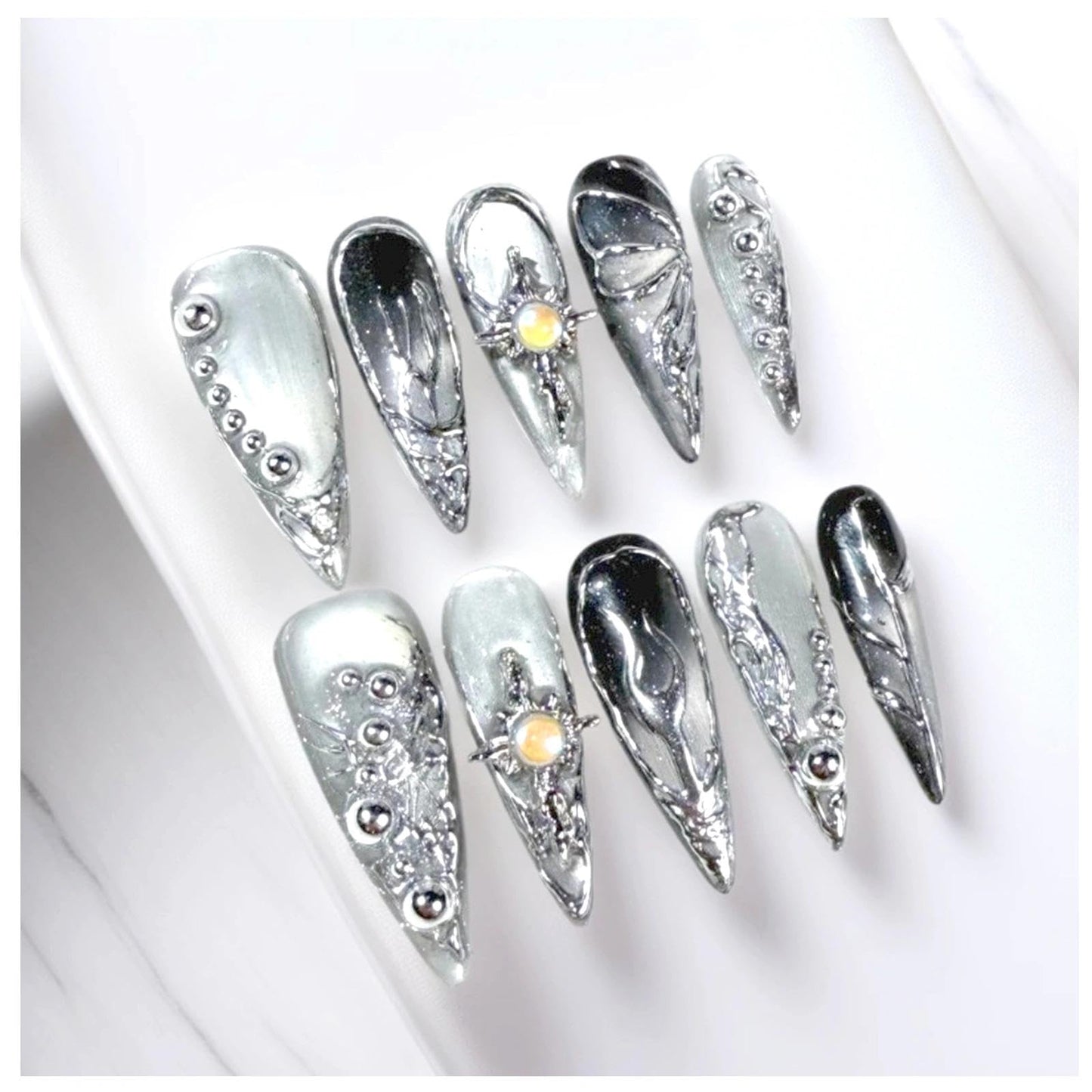 Handmade 3D Metallic Futuristic Stiletto Press On Nails, Silver Black Mechanic Artisan Nails Set, Reusable Glossy Press-ons with Tool Kit (M)