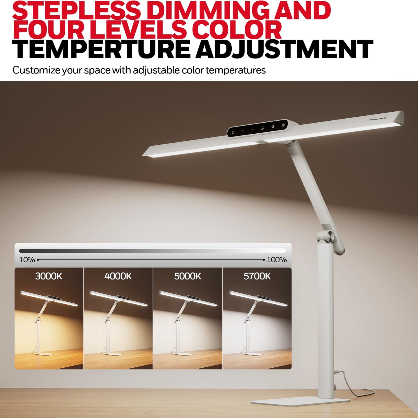 Honeywell LED Desk Lamp with Base - HJ1WT Sunturalux Eye-Caring Architect Desk Lamp for Home Office, 1200LM Computer Desk Light 4 Color Modes Stepless Dimming Task Desk Light with Timer Function White