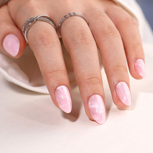 RTKHFZE Press on Nails Short-Pink Marble Press On Nails Almond,Short Fake Nails with Glue,Almond Stick On Nails,Glue On Nails in 16 Sizes - 32 Pcs Soft Gel Fake Nails Kit for Gift Idea