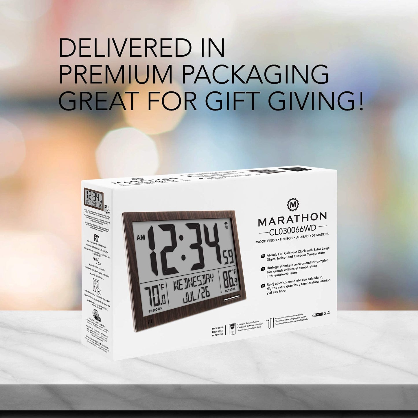 MARATHON Atomic Full Calendar Clock with Extra Large Digits Indoor and Outdoor Temperature