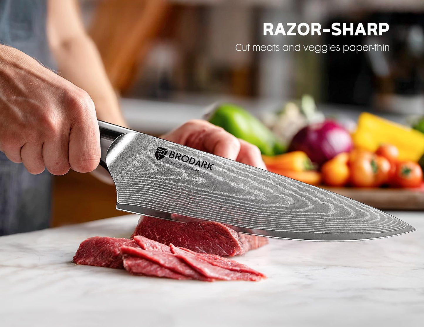 BRODARK Damascus Chef Knife 3 PCS, VG10 Steel Full Tang Sharp Professional Japanese Chef Knife Set for Kitchen, Ergonomic Pakkawood Handle Damascus Knife Set with Gift Box
