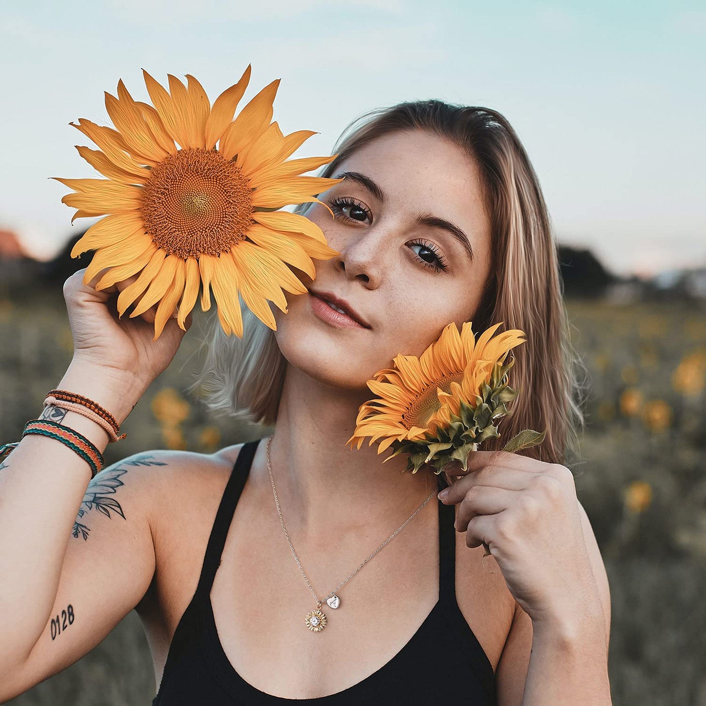 MONOZO Initial Sunflower Necklace for Women Trendy, 14k Gold Plated Sunflower Necklace Heart Letter Initial Necklace You Are My Sunshine Sunflower Gifts Jewelry for Wife Mom Best Friend T