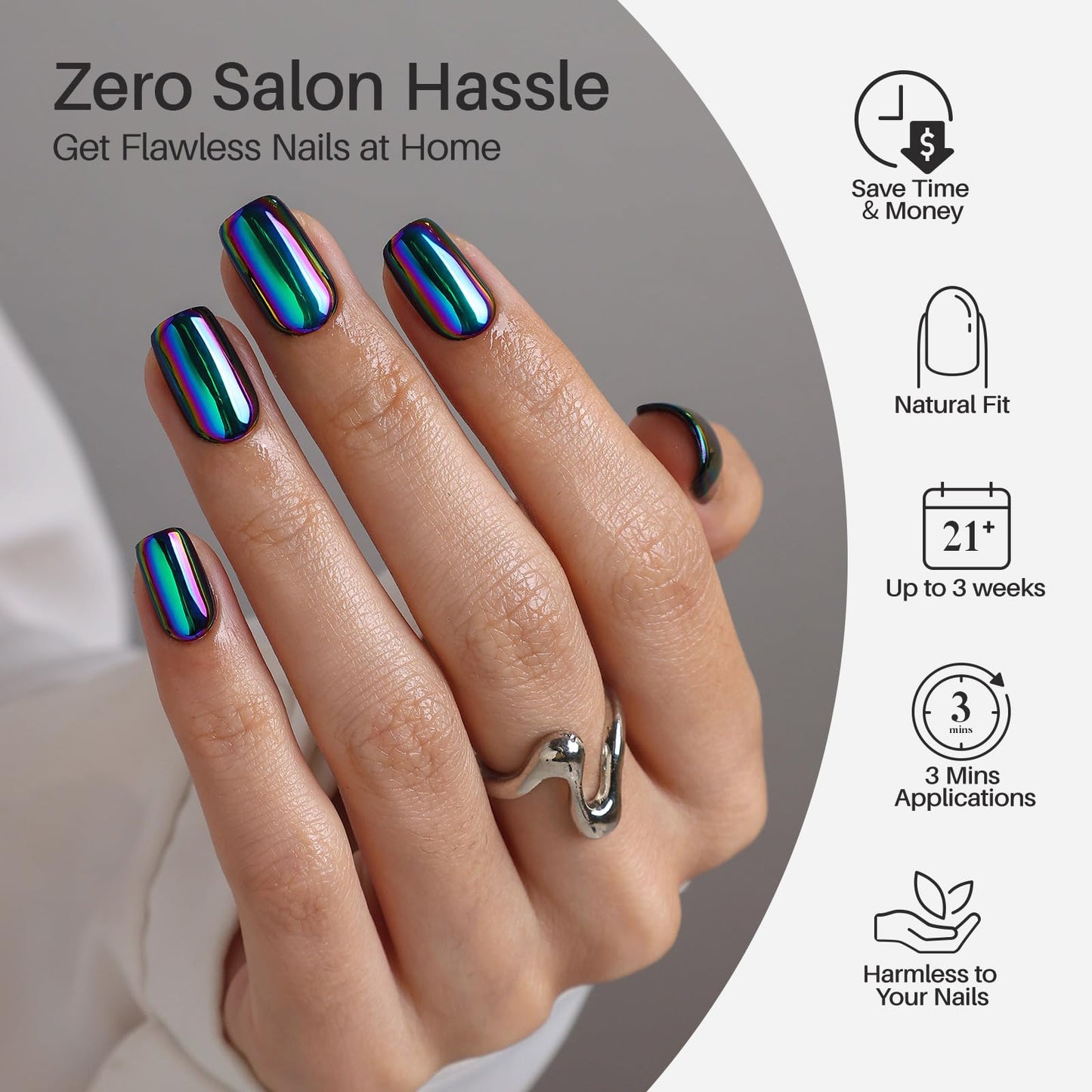 Metallic Chrome Press on Nails Squoval - SHANGMENG Blue Purple Holo Short Nails for Women Gift, Soft Gel Glossy Glue on Nails with Glue in 16 Sizes - 32 Reusable Fake Nails Kit, Neon Noir
