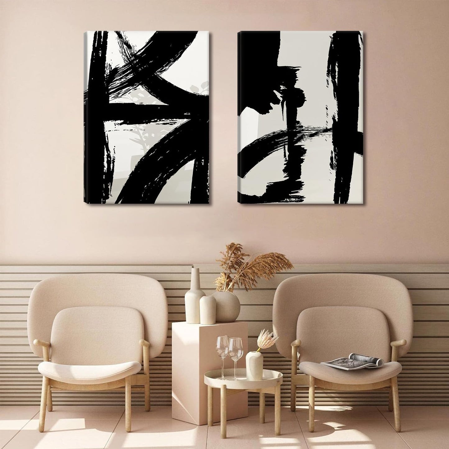 Black and White Brush Stroke Canvas Wall Art Modern Abstract Minimalist Ink Line Painting Picture Mid Century Geometric Prints Poster Retro Graffiti Artwork for Office Home Decor 12x16in