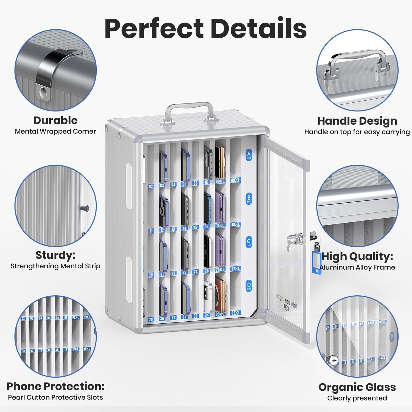 Lockbako 36 Slots Cell Phone Locker for Classroom, Portable Mobile Phone Storage Box with 【2 Different Size Slots】, Phone Lock Box Wall Mounted (Silver)