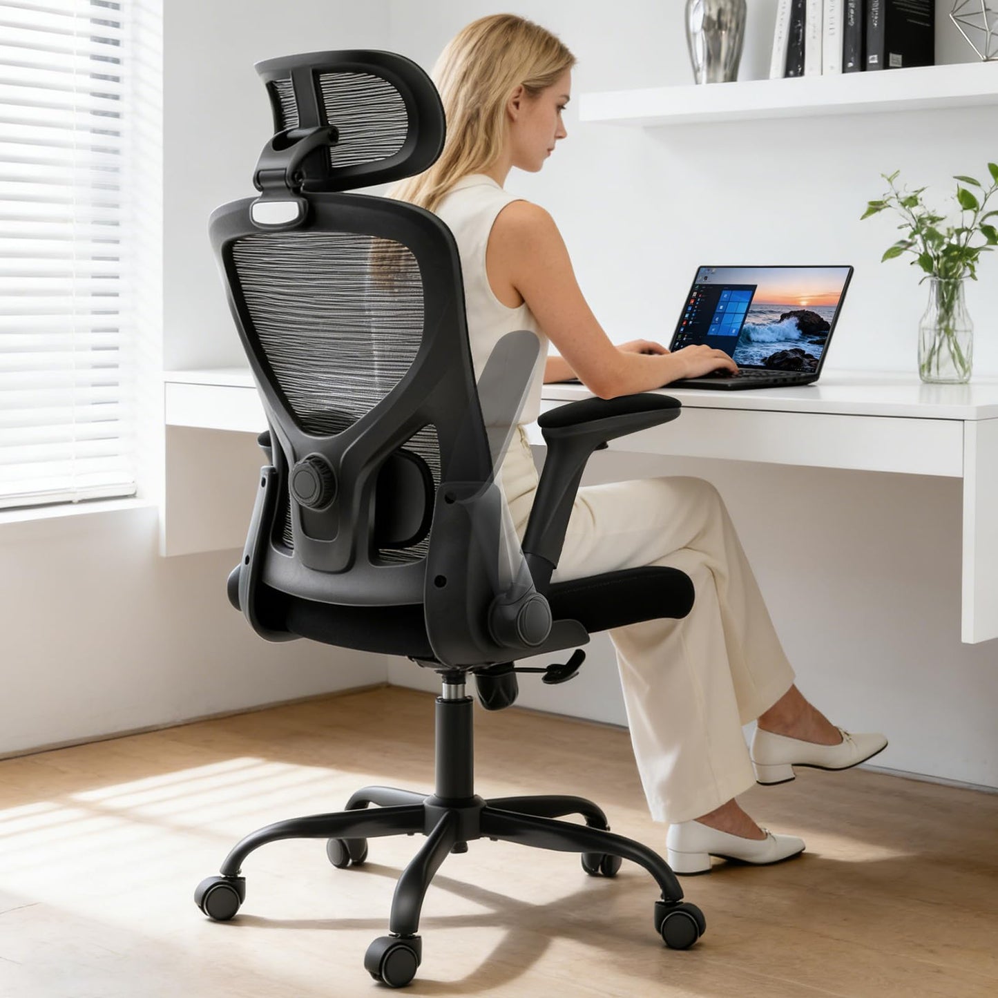 Morkprism Office Chair,Ergonomic Office Desk Chair with 2D Adjustable Lumbar Support,3D Headrest,2D Arms,330LBS High Back Mesh Computer Home Office Chairs Rolling Tilting Swivel Executive Chairs Black