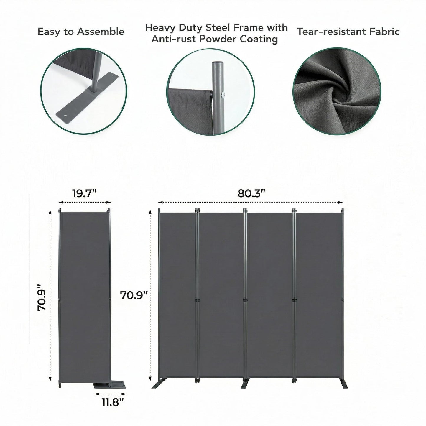 4-Panels Room Divider, 6FT Tall Freestanding Privacy Screen, Portable Partition with Non-Slip Base for Home Office, Bedroom, Studio Room Separation 80" W X 71" H Gray