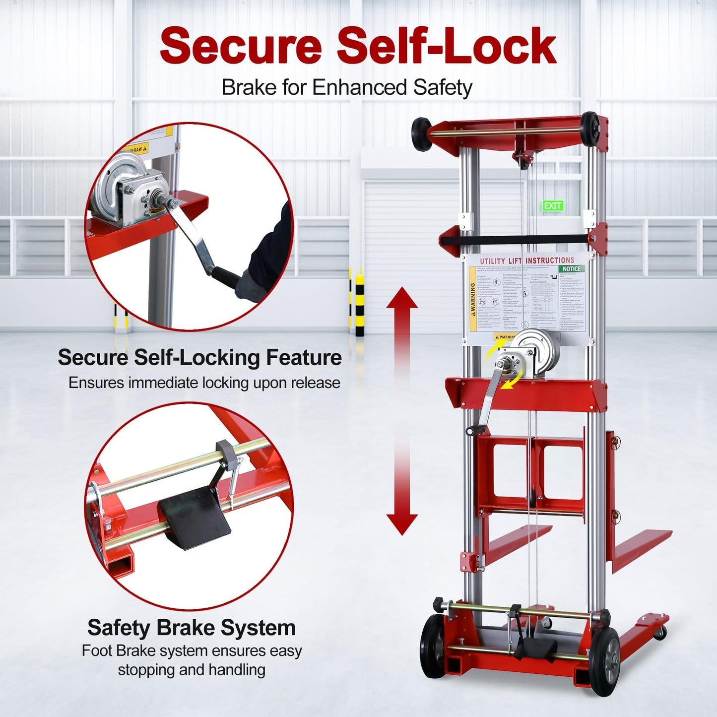 ELOMBR 122" 400lbs Material Lift Winch Stacker with Upgrade Effortless Winch, Hand Winch Lift Truck with Fixed-Leg, Manual Material Lifter Pallet Stacker for Contractor, Workshop, Industrial, Red