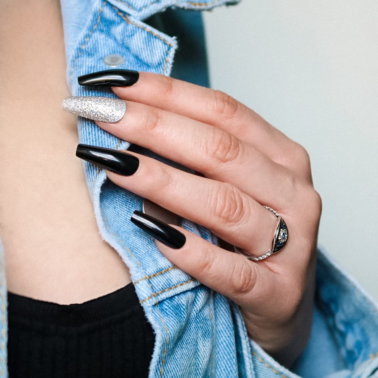 Allkem Press On Nails |Midnight Black Medium Long Tapered Ballerina 10 sizes - 20 pcs Coffin Nail Kit with Glue