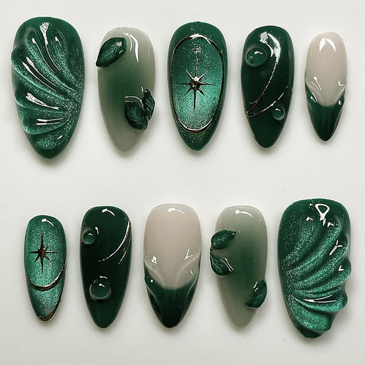PODUOJIEYI 24Pcs Glitter Green Press On Nails Medium Almond Shape False Nails with 3D Leaf Water Ripple Designs Gold Star Glossy Acrylic Glue On Nails for Women DIY Manicure Salon