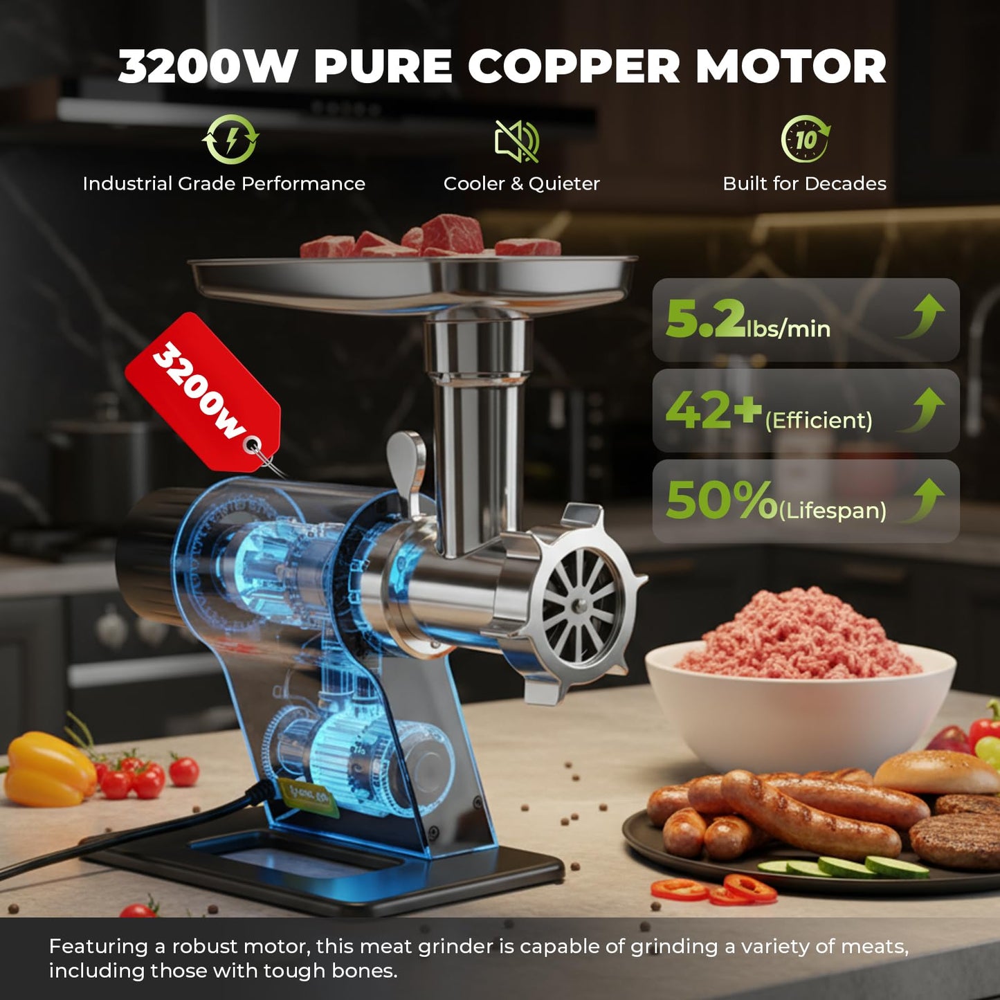 Flyseago Meat Grinder Electric 3200w Commercial Touch LCD Screen Heavy Duty Metal Gearbox Meat Grinder with Timing and Sausage Stuffers, Kubbe Kit for Household Use & Commercial