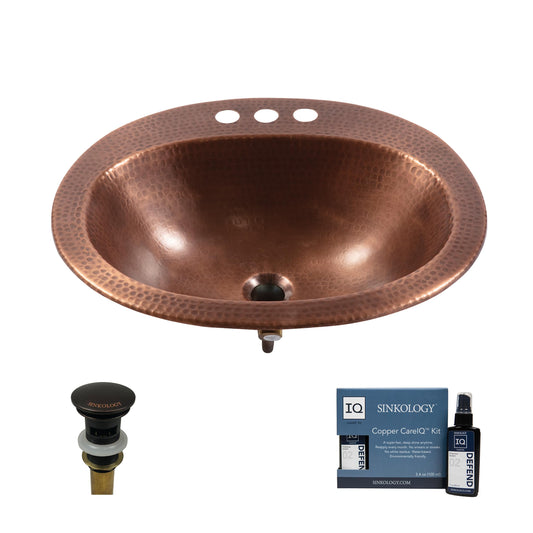 Sinkology Seville 20" Oval Drop-In Bathroom Sink - Antique Copper - Hand-Hammered Pure Solid Copper - Small Bathroom Sink with Drain and Care Kit