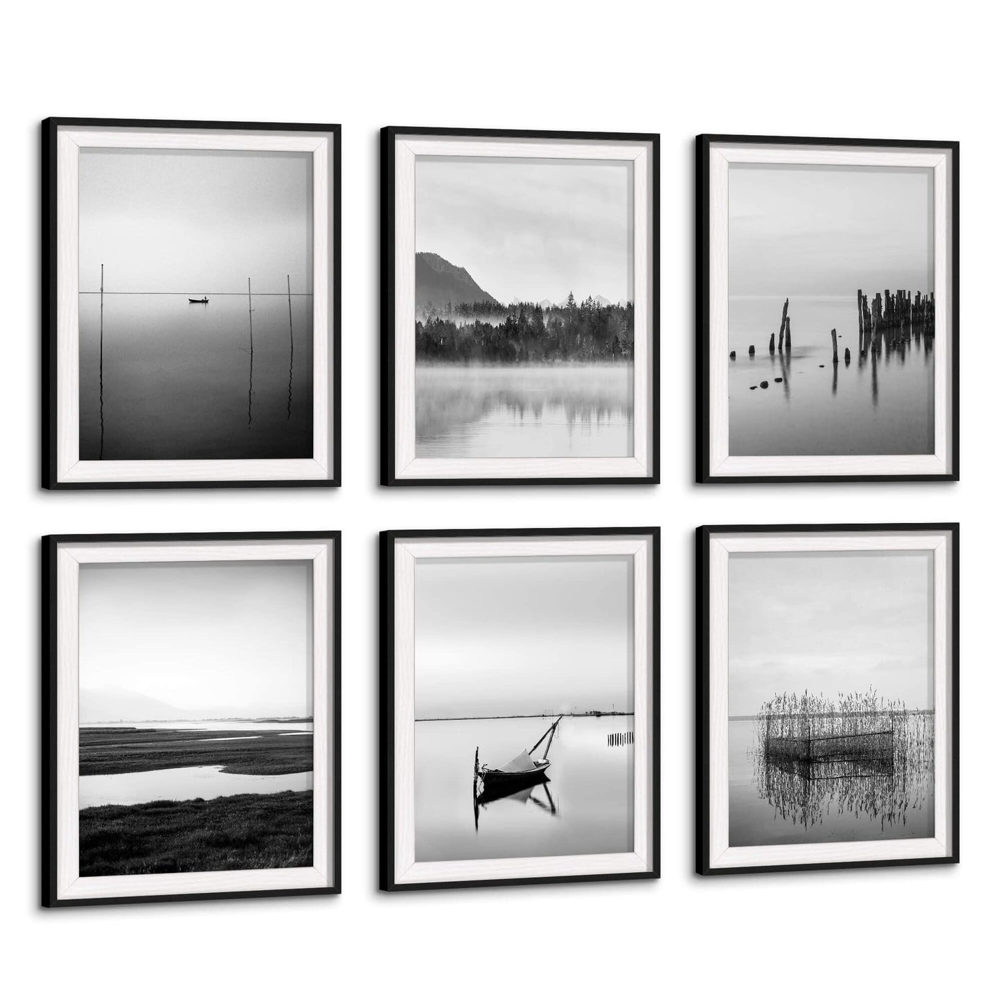 Lake Framed Wall Art Decor: Calming Nature Landscape Artwork 6 Piece Black Scenery Painting Print Vertical Boat Picture for Office Home Bedroom Living Room (Glass Panel Protection)