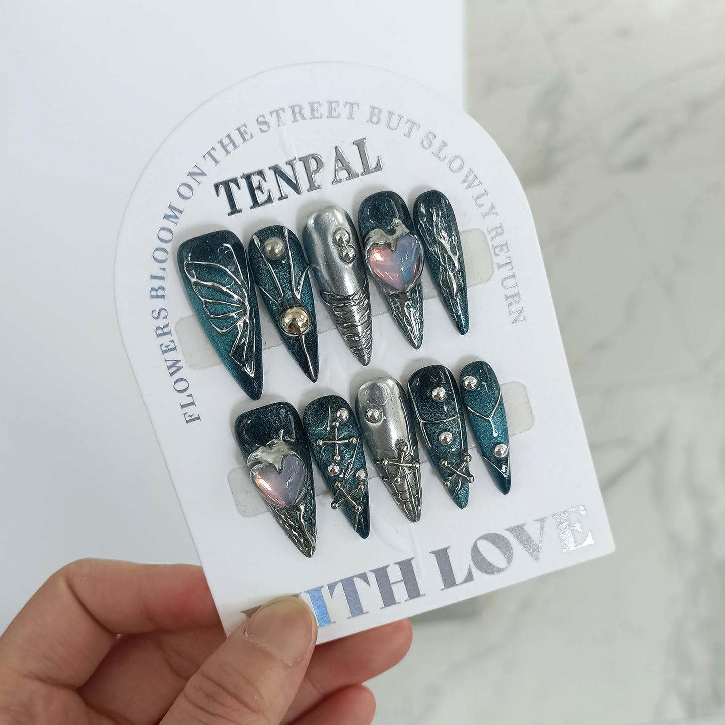 TENPAL Handmade Press on Nails Long Stiletto,Galaxy Ombre Blue-Black Fake Nails with 3D Butterflies Cross Beads Gem Stones,Edgy Y2K Metal Embossed Meteor Glitter Design Salon False Nail Kit 10pcs(XS)