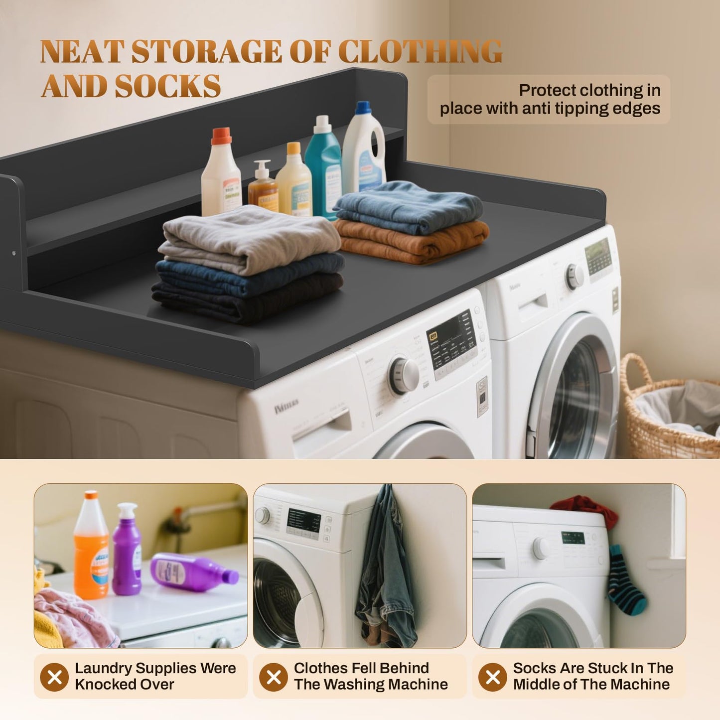 GCCSJ 2-Tier Washer Dryer Countertop, 54" Width x 27.5" Depth Wood Shelf Topper with Edge & Non-Slip Pads for Laundry Room Organization Storage & Clothes Folding, Black