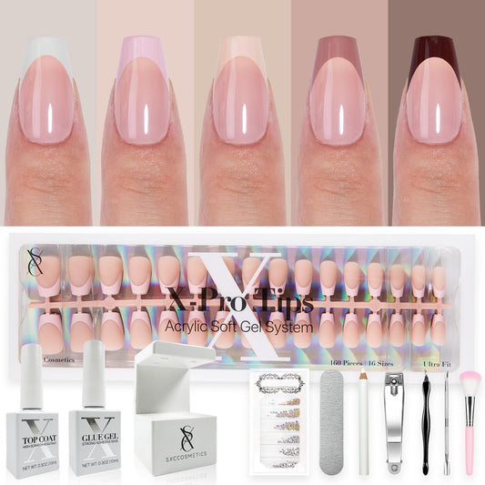 SXC Cosmetics French Tip Press On Nails - Skin Tone Nude and Color Series, Short Coffin X-Pro Tips Starter Kit ST119KIT
