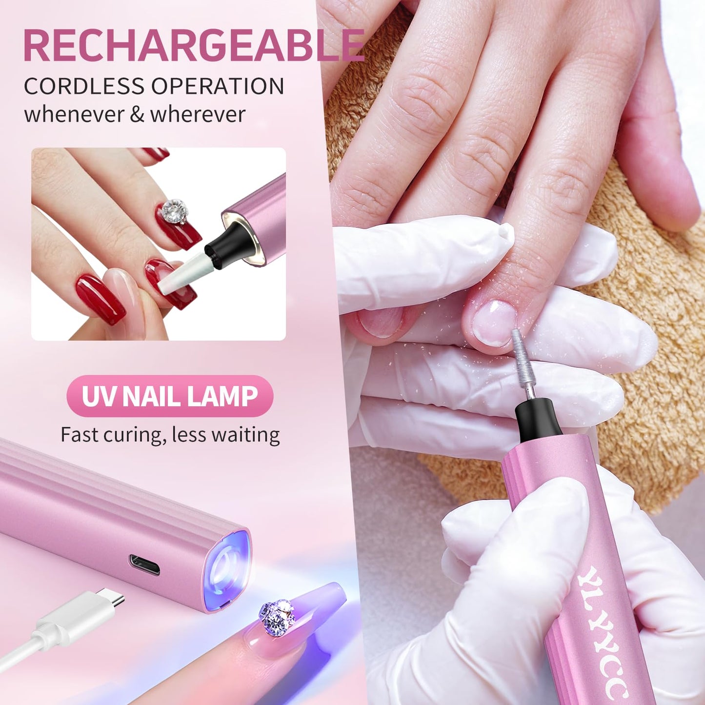 YLYYCC Cordless Nail Drill Electric File with UV Nail Lamp: Professional for Acrylic Gel Dip Powder Nails Portable Nail Drill Machine Kit for Manicure Pedicure Nail Set Rechargeable Lightweight