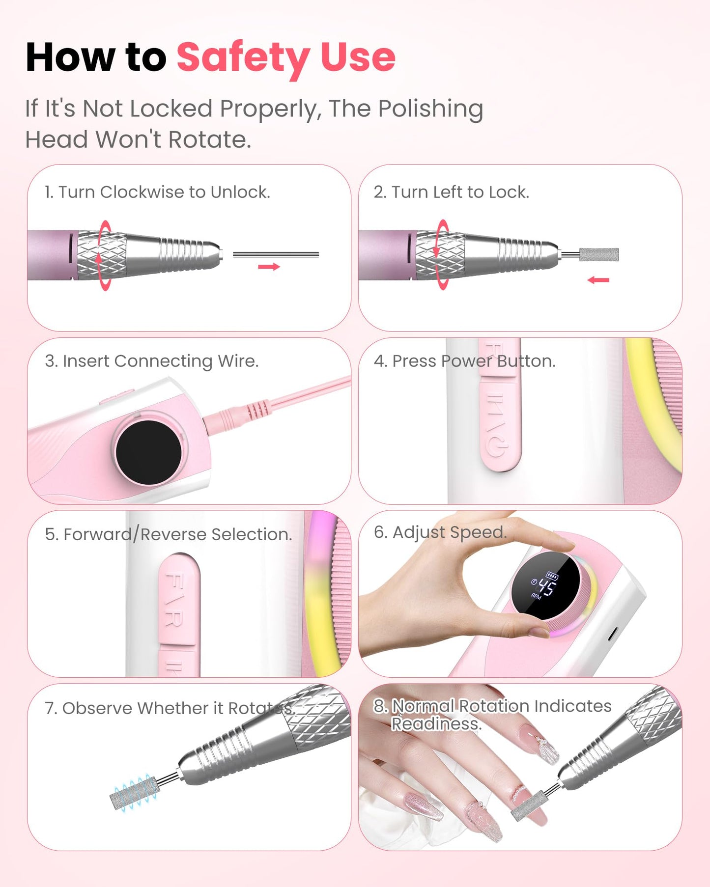 Nail Drill Professional 45000 RPM, Electric Nail File with LED Display & 45 Speeds, Rechargeable Nail Drill Kit for Acrylic Gel Nails, Manicure Pedicure at Home Salon (1800mAh-Pink)