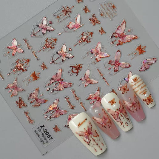 Butterfly Nail Art Stickers Decals Shell Light Butterfly Nail Decals 1PCS 5D Embossed Nail Stickers Bronzing Pink Design Spring Summer Manicure Accessories for Women DIY Nail Art Decorations