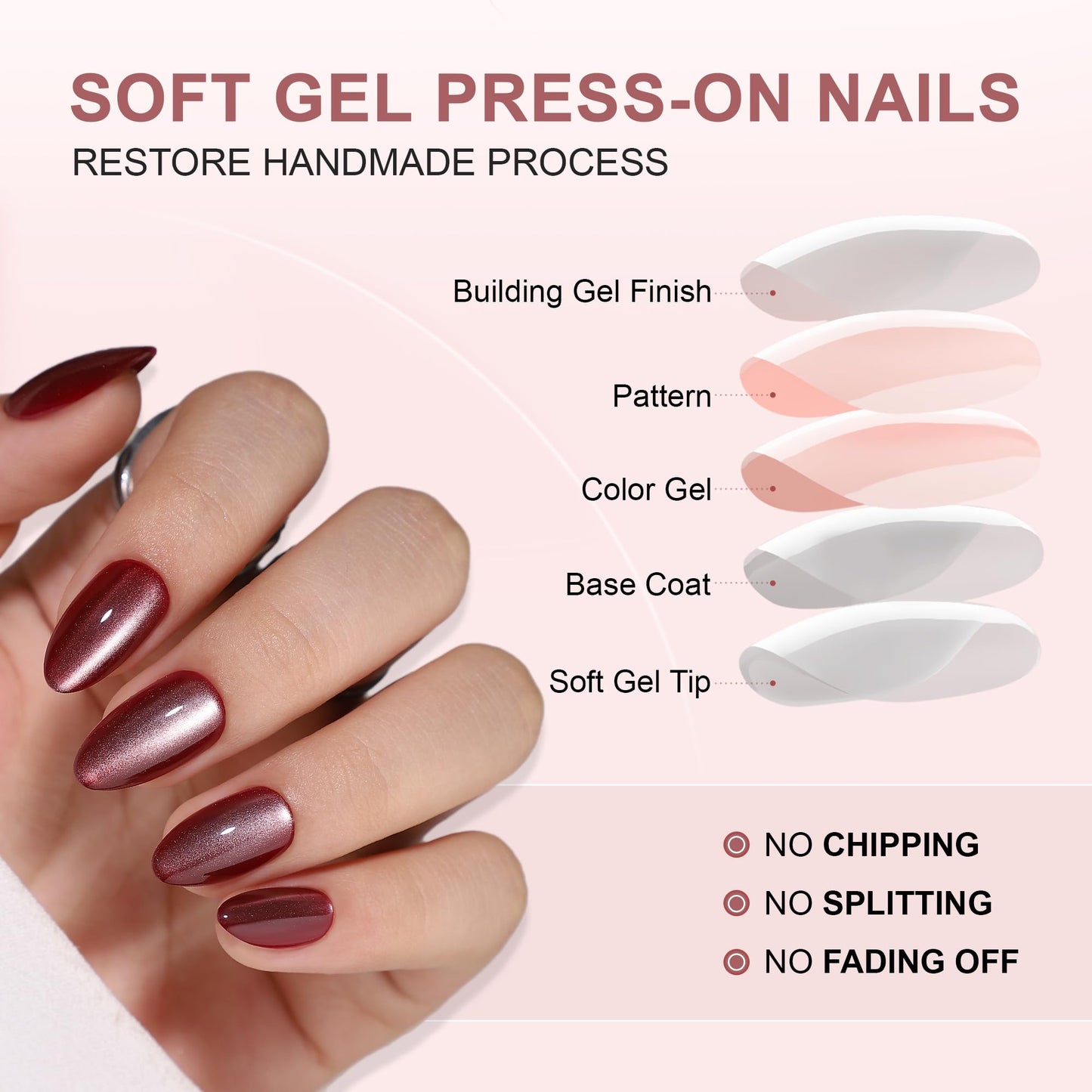 WAFOLOZE Gel Press On Nails - Almond Short Fake Nails With Glue, 16 Sizes, 32Pcs Reusable Soft Gel False Tips Kit, Wine Red