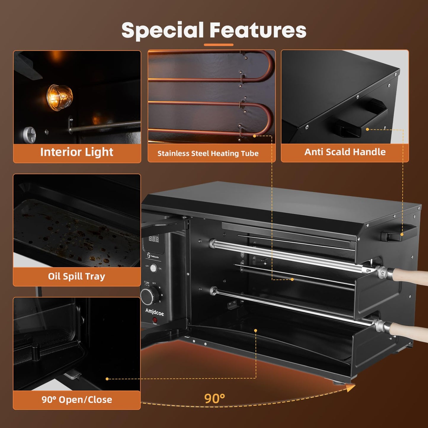 Amjdcoe Electric Rotisserie Grill Indoor with Auto-Rotating Skewers, 31 QT Smoke-Free Rotisserie Oven with Timer for Brazilian Picanha BBQ, Churrasco, Black
