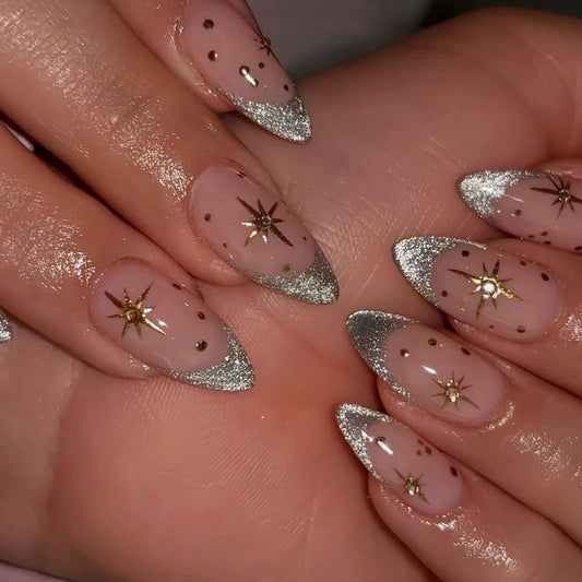 IMRAIN Almond Press on Nails Medium Fake Nails Green Cat's Eye French Tip False Nails with Golden Star Designs Glossy Full Cover Bling Stick on Nails for Women Girls 24Pcs