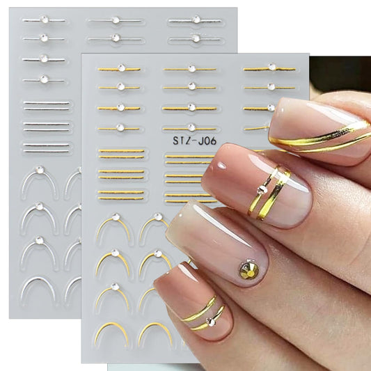 2 Sheets French Tip Nail Stickers for Nail Art Gold Silver French Nail Art Stickers with Crystal Diamond 5D Self-Adhesive Nail Supplies Embossed Line Nail Decals for Women DIY Manicure Decoration