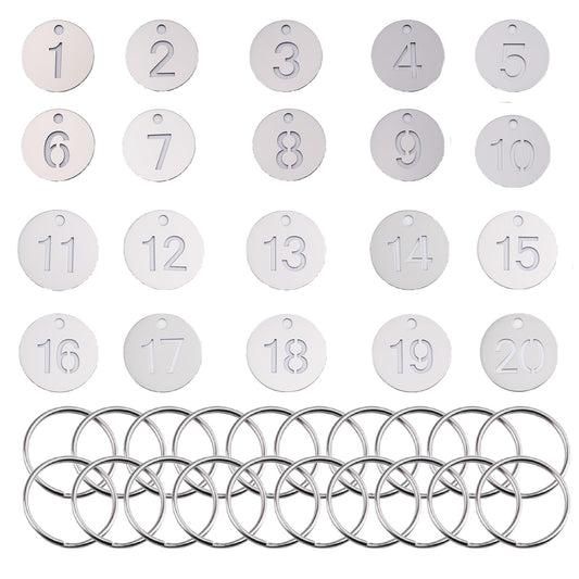 Heran 1-20 Metal Number Tags with Labels, Stainless Steel Numbered Keychains Item Identification ID Tag with Key Ring, Fit Dormitory House Lockers Coat Check Office Gym Hotel Organization