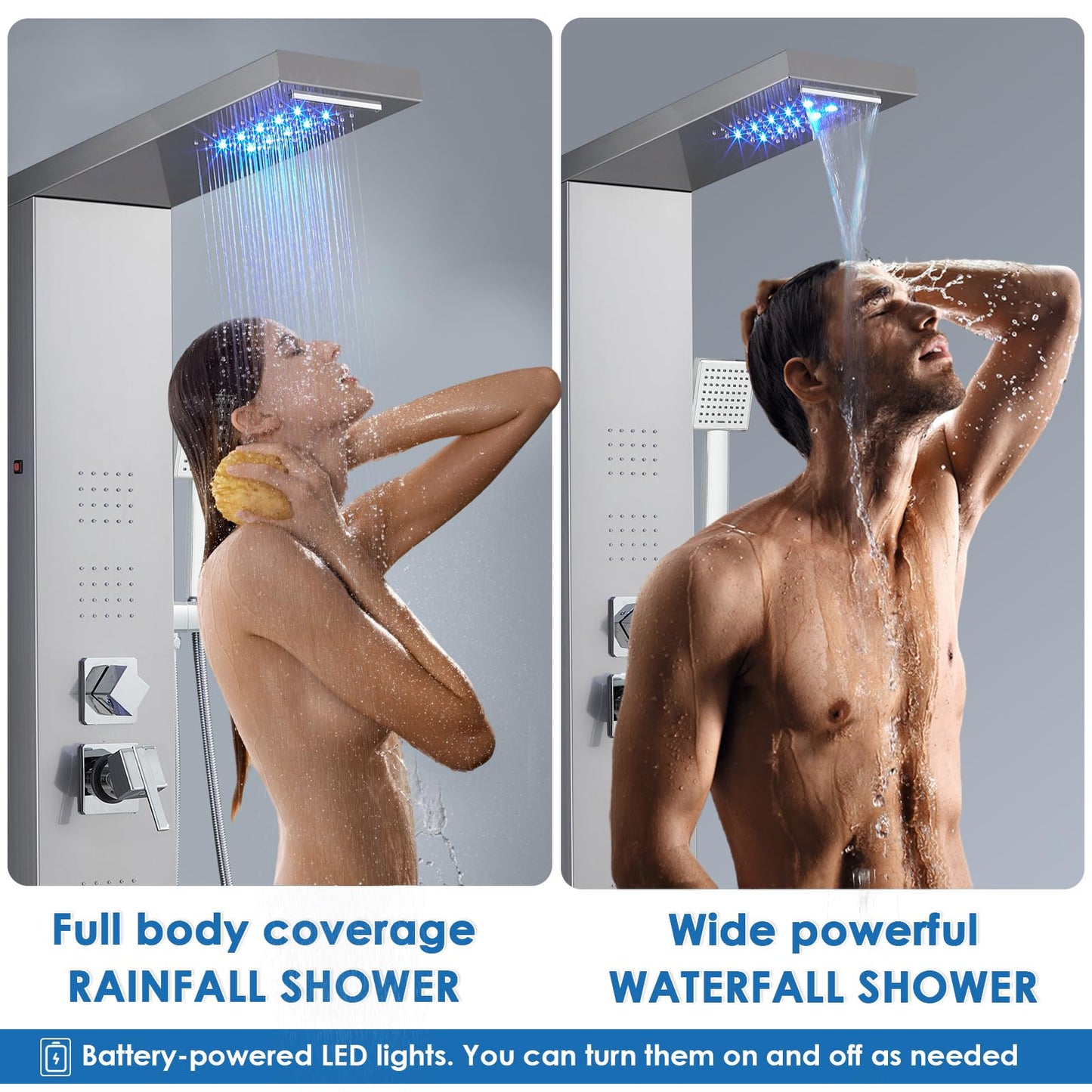 ROVOGO LED Shower Panel Tower System 46.5", 5-Function Shower Column with Rainfall Waterfall Shower Head, 4 Body Jets, Handheld and Tub Spout, Stainless Steel Brushed
