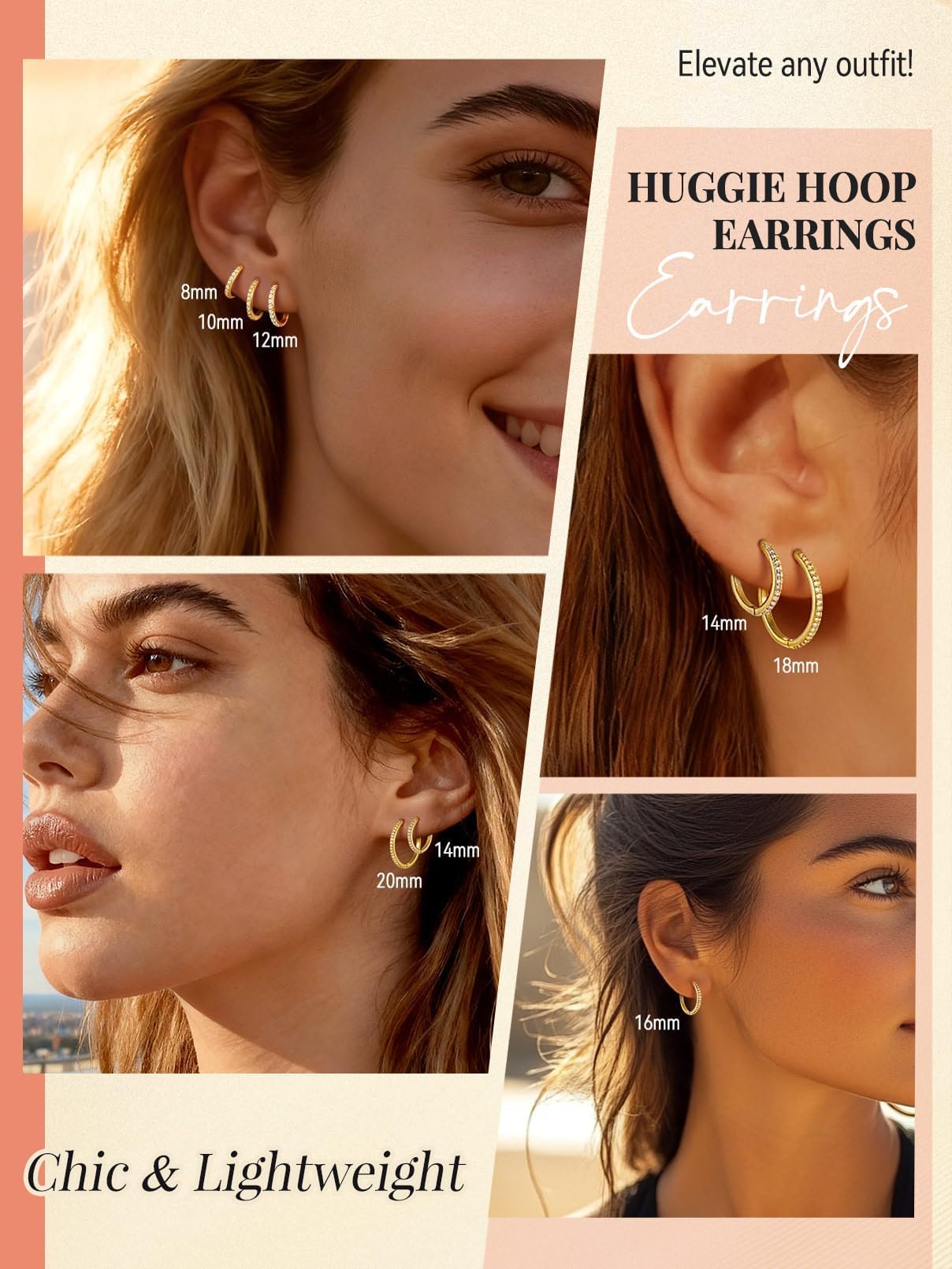 FaithHeart Cubic Zirconia Hoop Earrings for Women, 14K Gold Hypoallergenic Huggie Hoop Earrings, Small Cartilage Earrings for Women 8mm, Send Gift Box